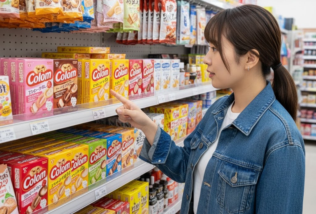 スーパーマーケットのお菓子棚に豊富に並べられた様々なフレーバーのコロンの箱を、若い女性が指差して選んでいる様子。