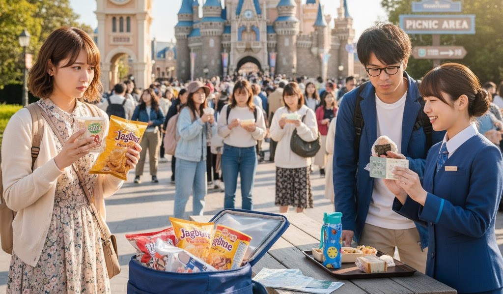 ディズニーランドのエントランス前で、友人とじゃがりこの持ち込みについて話している日本人女性