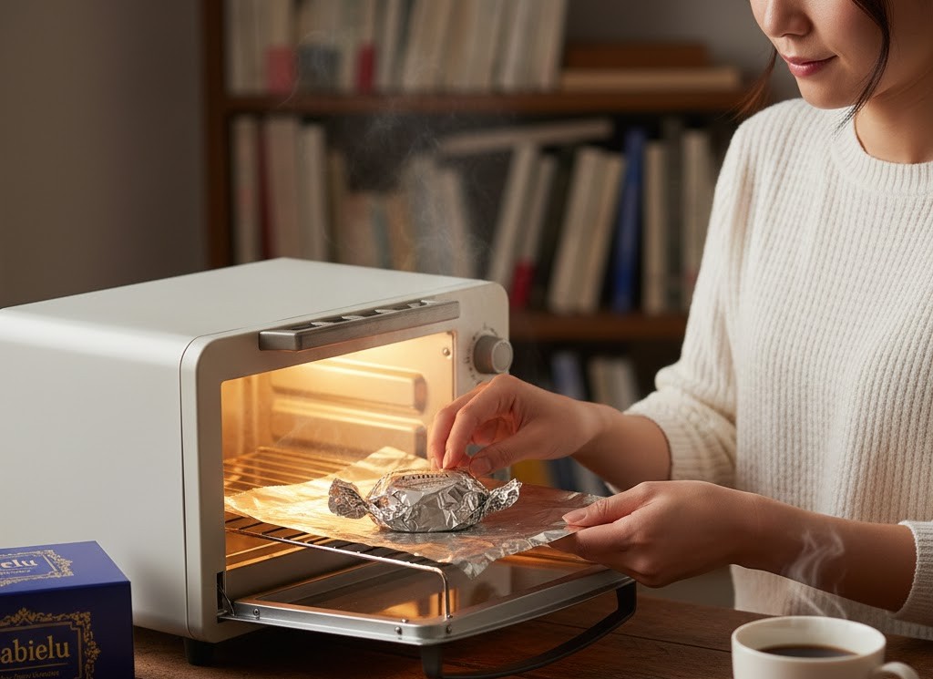 トースターでザビエルをアルミホイルごと温めている様子。バターの香りが引き立つリベイクの裏技。