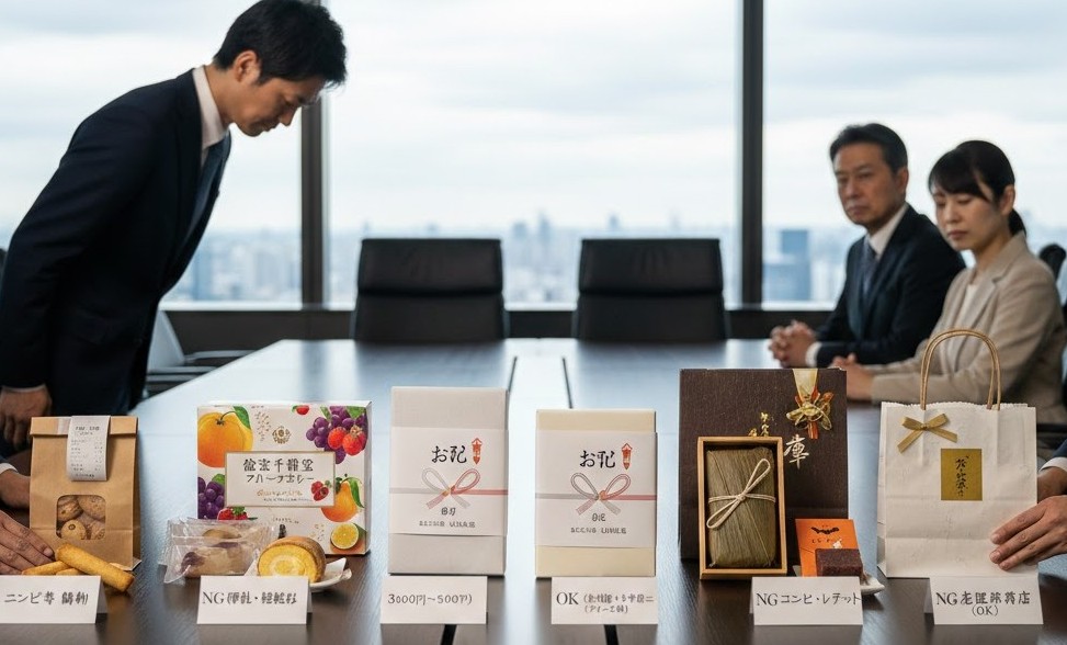 高層ビルの会議室で、テーブルの上にお詫びのお菓子の箱が並び、手前にOKとNGの例が置かれた中、スーツ姿の男性が深くお辞儀をし、奥で取引先と思われる男女が真剣な表情で見つめている場面