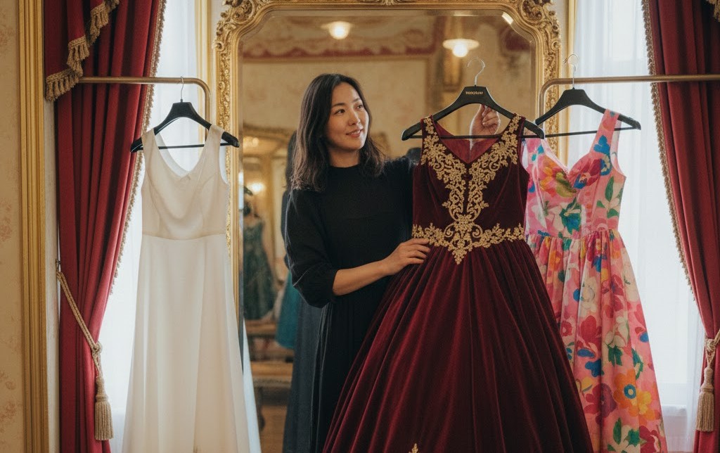 お菓子の城のドレスレンタルコーナーで、黒い服を着た日本人女性が、深紅の刺繍入りドレスと他のドレスを見比べながら選んでいる。