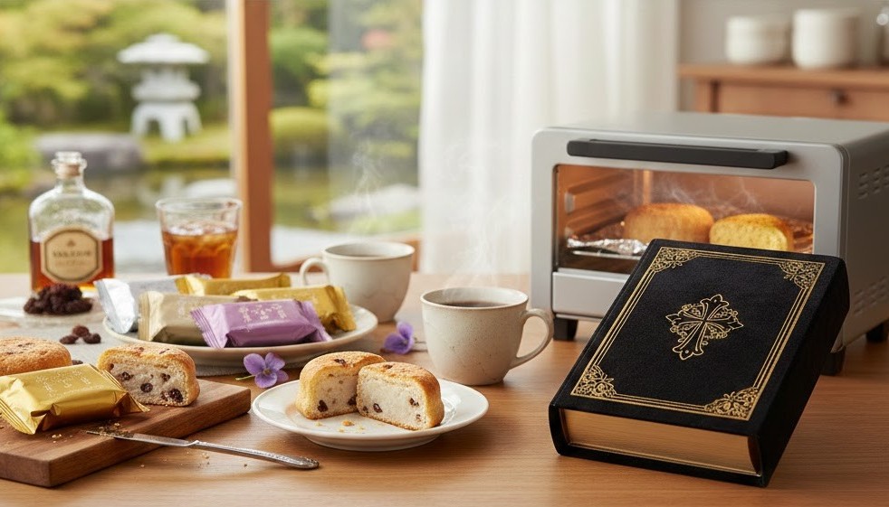 ラムレーズンとすみれの香りの瑠異沙が並ぶテーブル。トースターで温められたザビエルと、アイスコーヒー、洋酒瓶も見える。