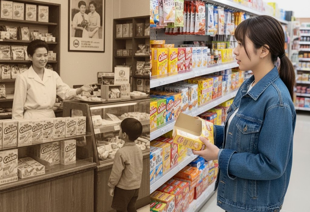 昭和時代のレトロな商店でコロンを買う子供の様子（セピア調）と、現代のスーパーマーケットでコロンの箱を手に取り棚を見る若い女性の様子を対比させた画像。