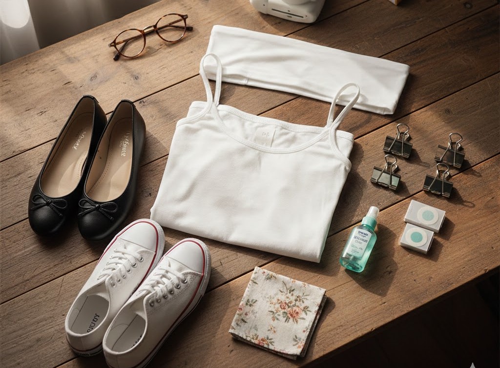 木製のテーブルの上に、お菓子の城でのドレス体験に役立つインナー、パンプス、スニーカー、クリップ、除菌スプレー、メガネなどのアイテムが丁寧に並べられている。