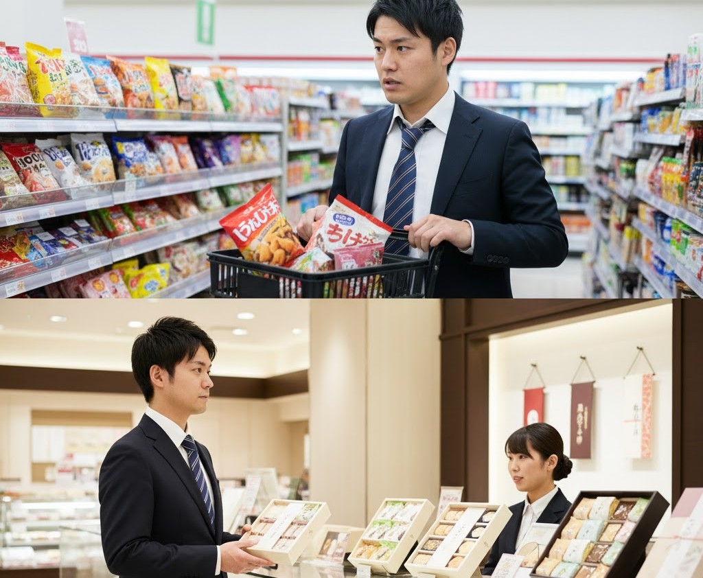 上段ではスーツ姿の男性がコンビニのスナック菓子売り場で買い物かごを持ち不安そうな表情をしており、下段では同じ男性が百貨店の菓子売り場で店員から上品な詰め合わせ菓子を案内されている様子を対比させた写真