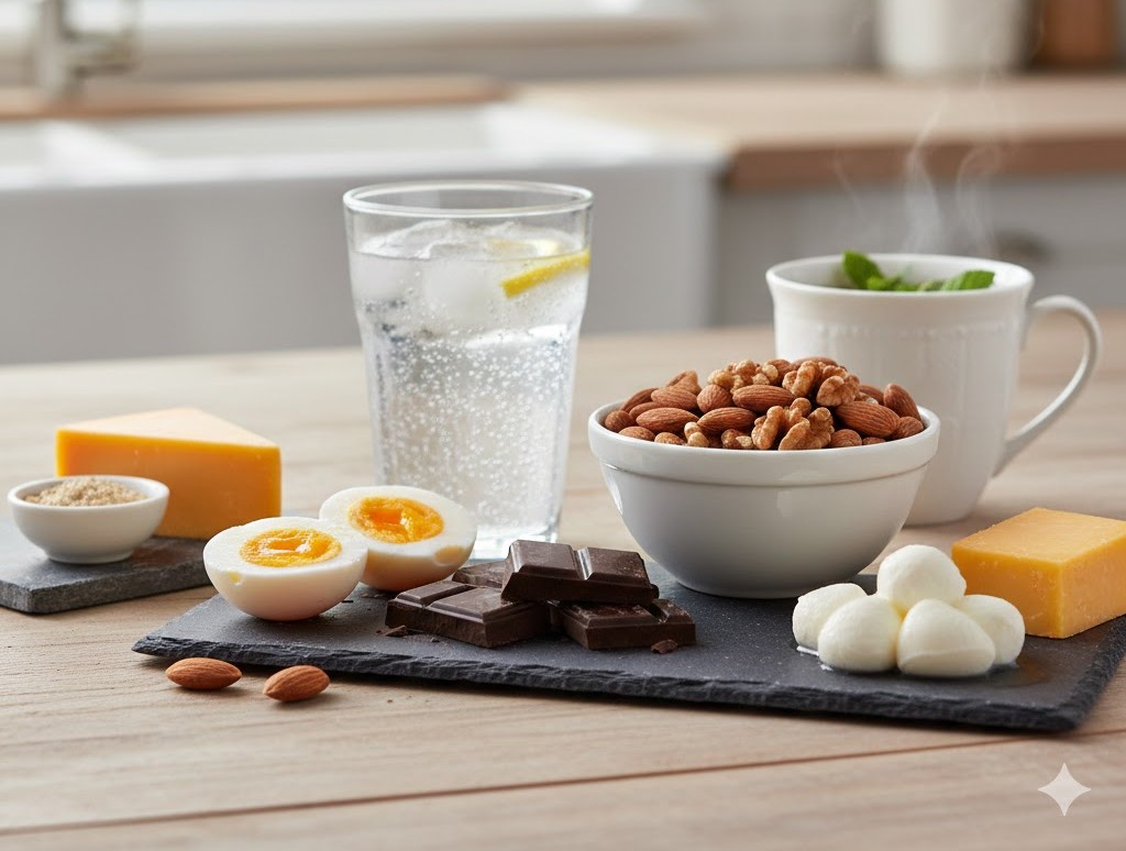 甘いお菓子の代わりになるナッツや卵、炭酸水などの健康的な間食