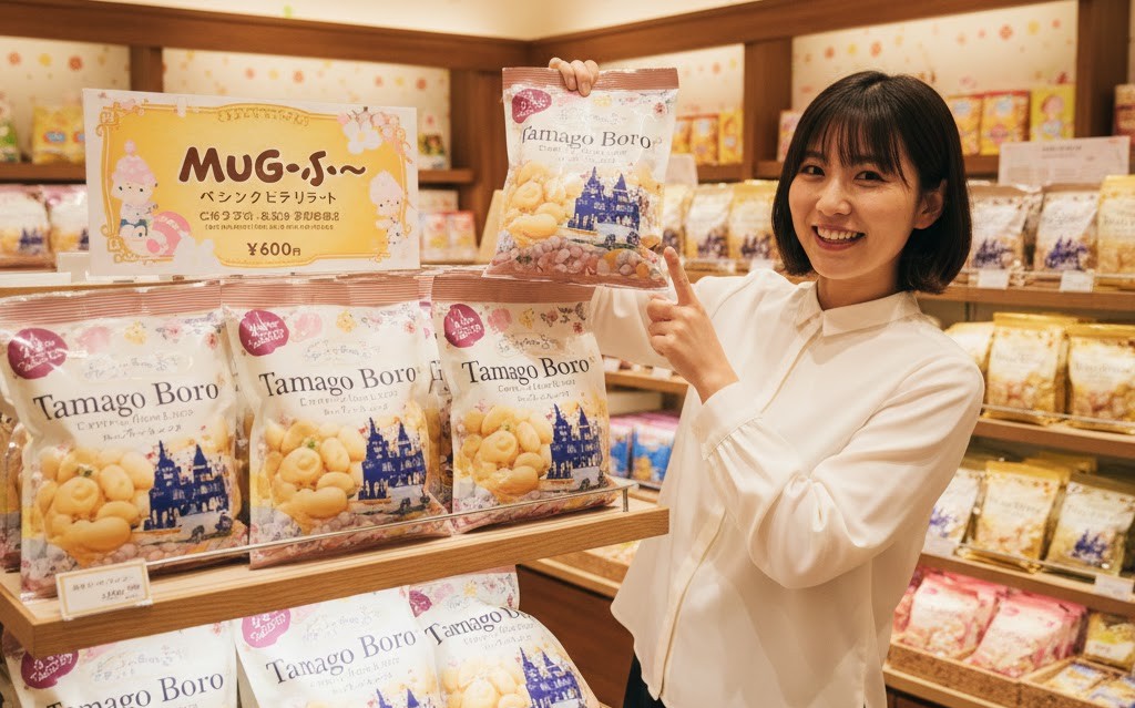 お菓子の城の売店で、限定パッケージの「Tamago Boro（タマゴボーロ）」を笑顔で紹介する日本人女性。