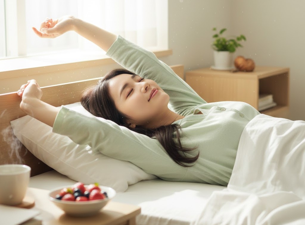 お菓子を控えて睡眠の質が上がり、朝すっきり目覚める女性