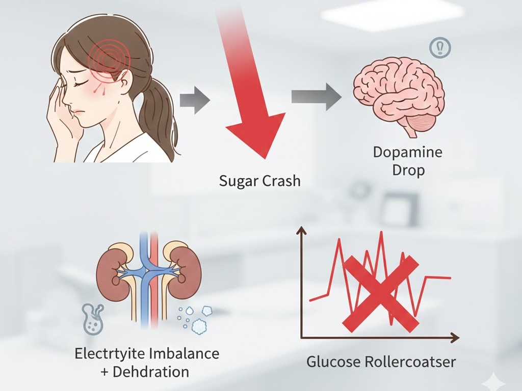 砂糖の摂りすぎによる血糖値スパイクやドーパミン低下などの悪影響を示す図解