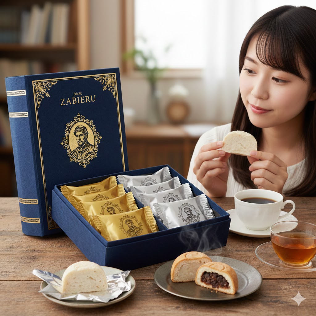 大分銘菓ザビエル(金と銀)の高級感ある青い箱と、コーヒーと共に和やかに食べる女性。カットされたザビエルの断面と湯気が見えている。