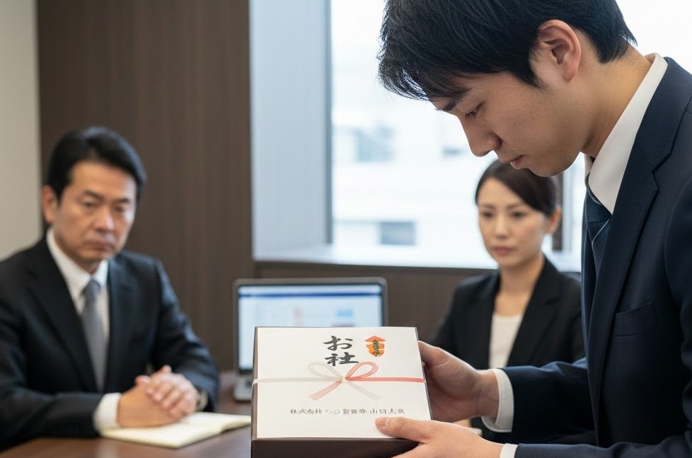 会議室で座っている上司や取引先を前に、スーツ姿の若い日本人ビジネスマンが「お詫び」ののしがかかった菓子折りを両手で真剣な表情のまま差し出している場面