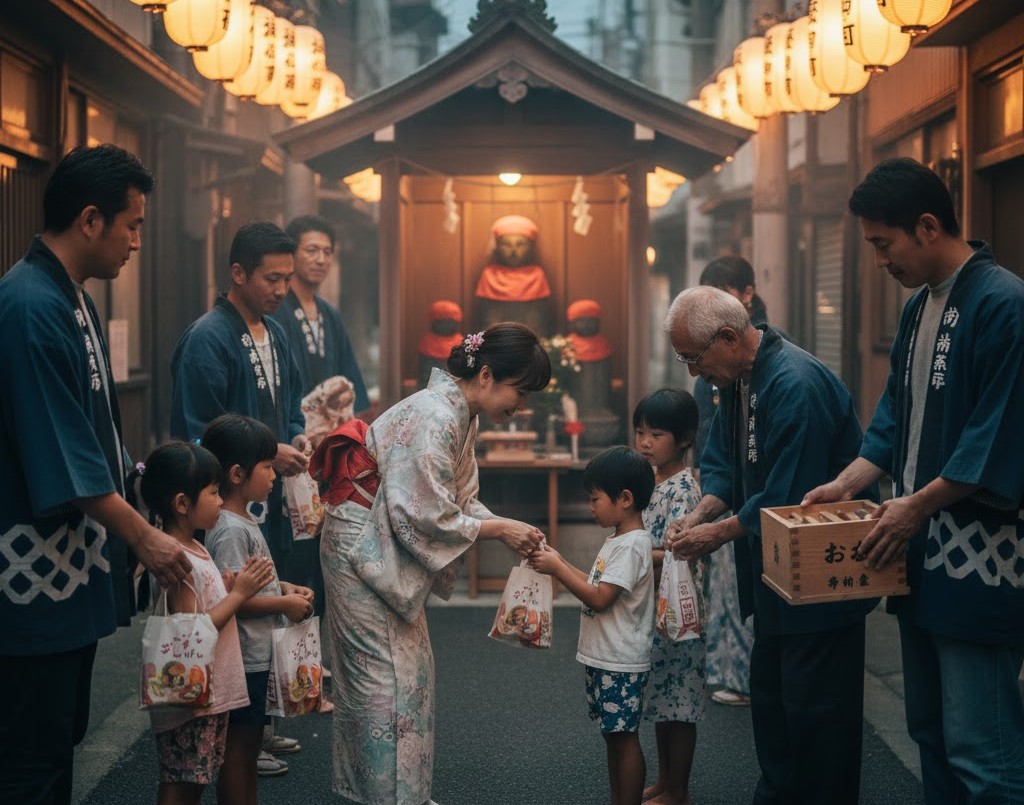提灯が並ぶ参道で、法被姿の地域の方々からお菓子を受け取る子どもたちと、前方に祀られたお地蔵さまの風景。