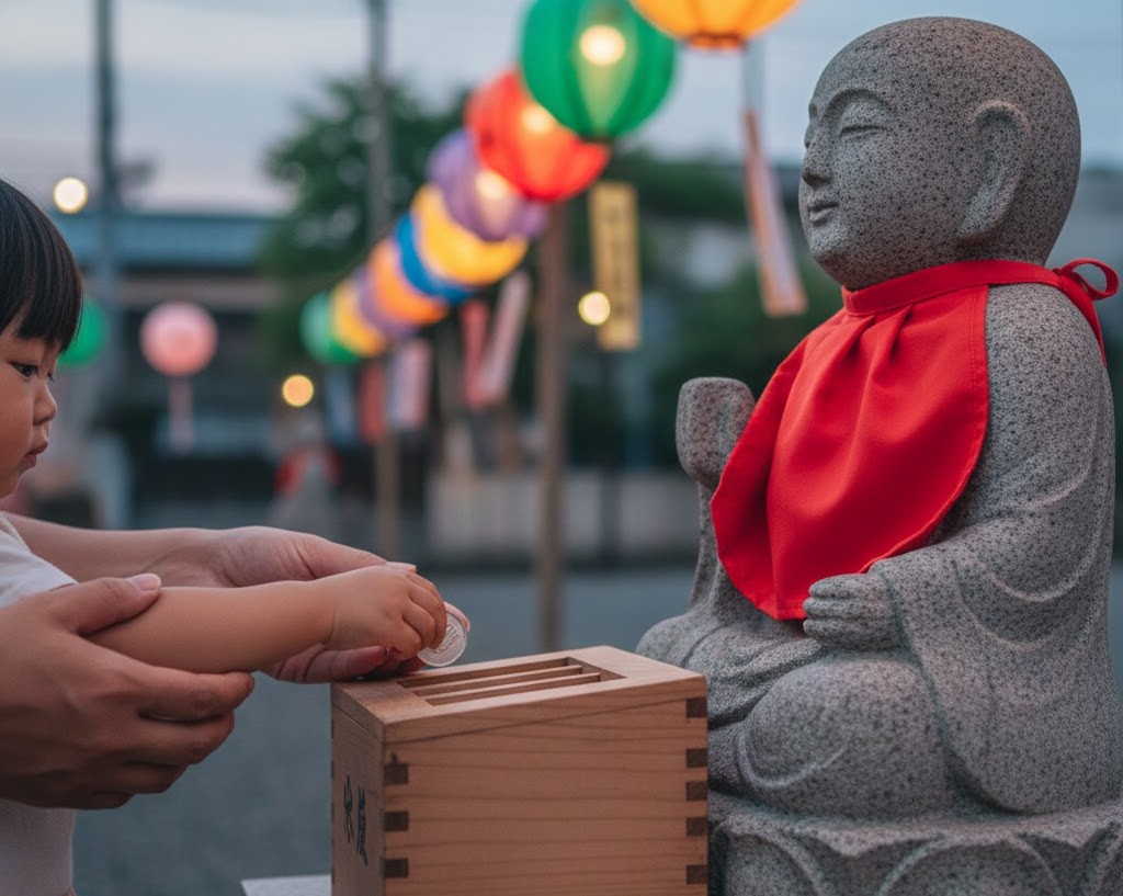 地蔵盆の会場で、保護者に付き添われながらお賽銭箱へ硬貨を入れる幼い子どもと赤い前掛けを付けた石地蔵の姿。