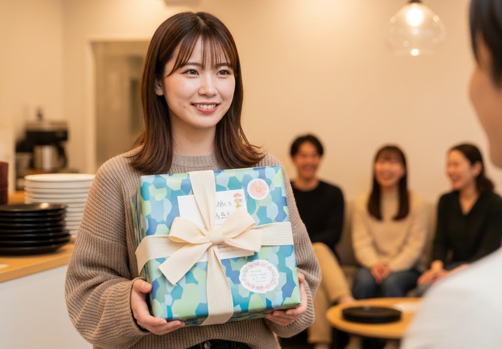 退職の挨拶で店長にお菓子を渡すか悩んでいる女子大学生のイメージ