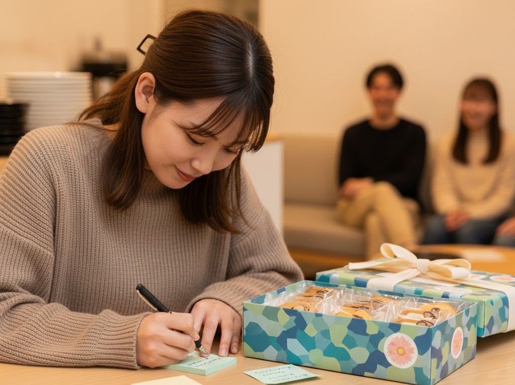 お礼のお菓子の箱を前にして付箋に一言メッセージを書いている女子大学生