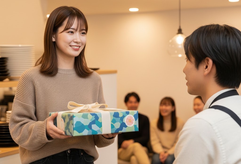 バイト仲間に向けてリボン付きのお菓子を笑顔で手渡す女子大学生のイメージ