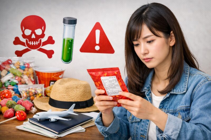 中国に持ち込むお菓子の成分表示を確認する日本人女性