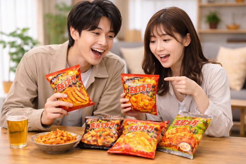 ヒーハー系の辛いスナック菓子をテーブルに並べて楽しむ日本人の男女