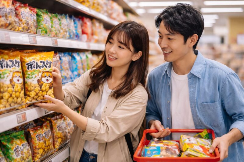 スーパーでぽんすけを手に取り、購入できる地域や買い方を確認する日本人カップル