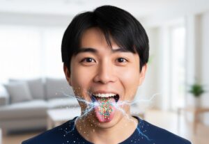 男性が口を開け、舌の上にカラフルなパチパチキャンディが乗っており、そこから電光と水しぶきのようなエフェクトが表現されている。パチパチするお菓子の刺激を視覚化したイメージ。