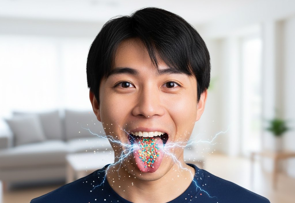 男性が口を開け、舌の上にカラフルなパチパチキャンディが乗っており、そこから電光と水しぶきのようなエフェクトが表現されている。パチパチするお菓子の刺激を視覚化したイメージ。