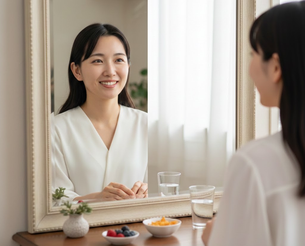 肌の調子が良くなり、鏡の前で笑顔になる女性