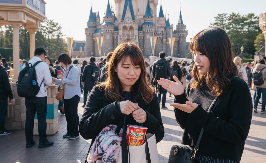 ディズニーランドの城前で、バッグから見える「じゃがりこ」について、持ち込みが大丈夫か友人と話している日本人女性。