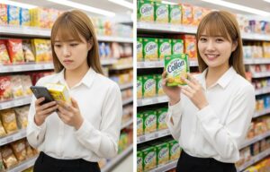 スーパーのお菓子売り場で、コロンが見つからずスマートフォンで検索する女性と、無事にコロンを見つけて笑顔で手に持つ女性の対比画像。