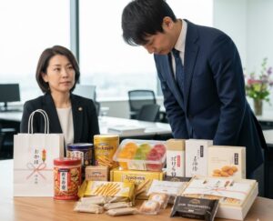 オフィスのデスクの上に缶入りクッキーやゼリー、焼き菓子などさまざまなブランドのお詫び菓子がずらりと並び、スーツ姿の男性がそれらの前で深く頭を下げ、横で女性が真剣な表情で見守っている様子