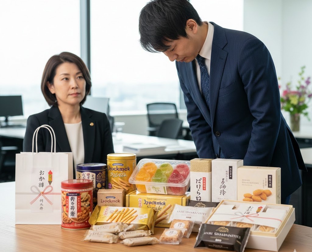 オフィスのデスクの上に缶入りクッキーやゼリー、焼き菓子などさまざまなブランドのお詫び菓子がずらりと並び、スーツ姿の男性がそれらの前で深く頭を下げ、横で女性が真剣な表情で見守っている様子