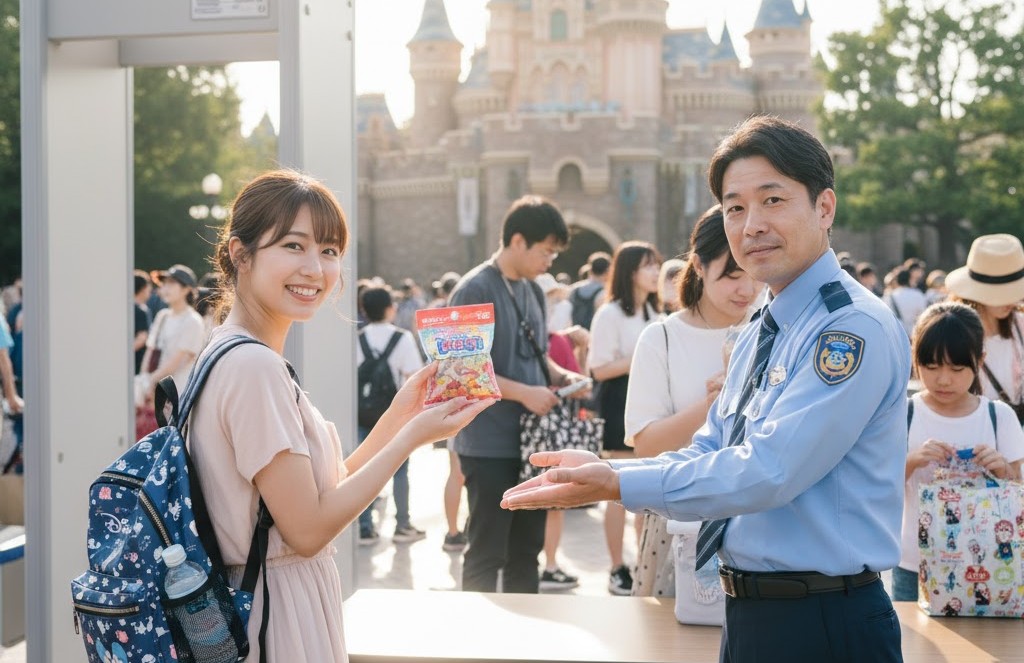 ディズニーの手荷物検査でキャストにグミを見せる女性。小さなお菓子は持ち込みが許可されているため安心です。