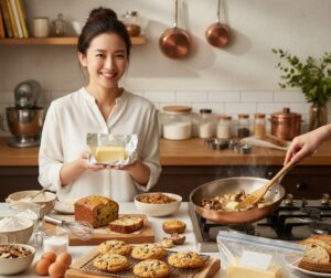 キッチンで有塩バターを持つ女性と、バターを活用したパウンドケーキ・クッキー・キノコのソテーなどの料理一覧