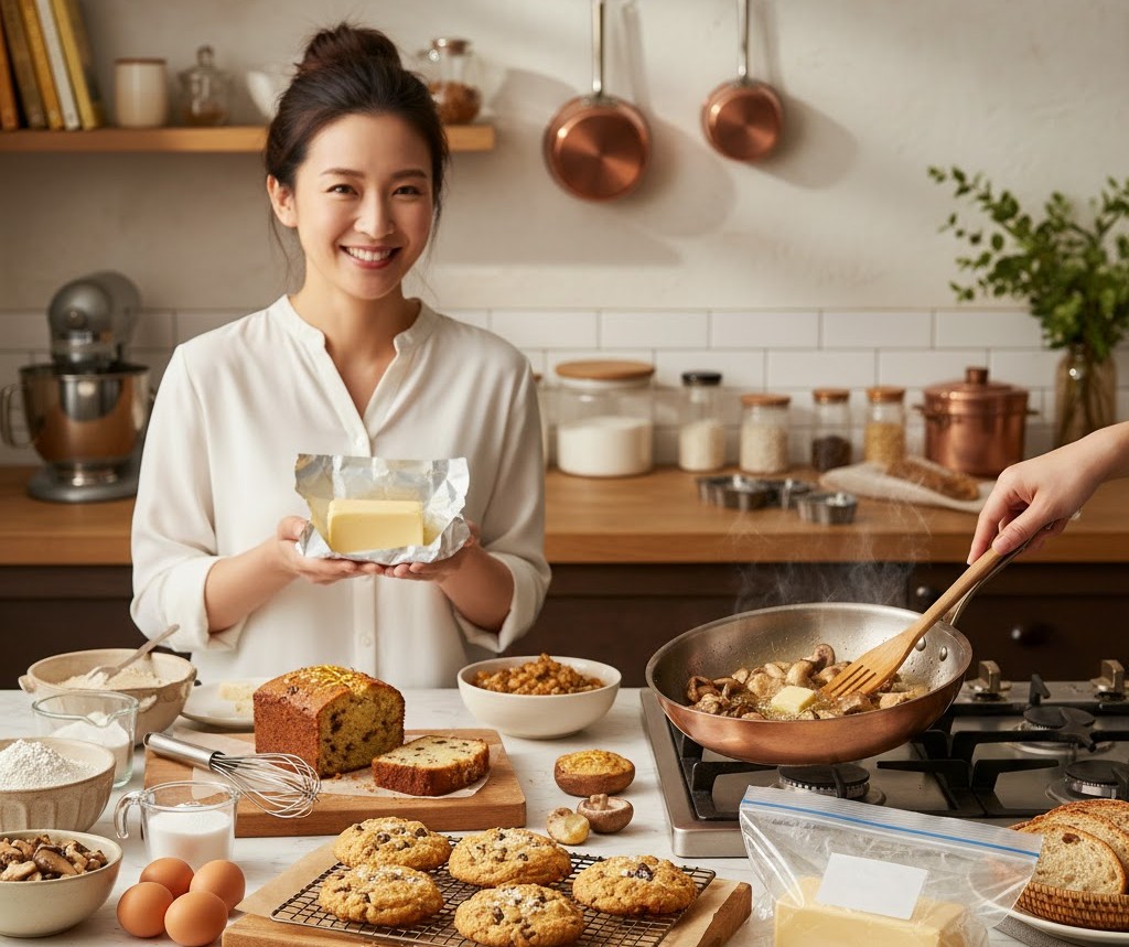 キッチンで有塩バターを持つ女性と、バターを活用したパウンドケーキ・クッキー・キノコのソテーなどの料理一覧