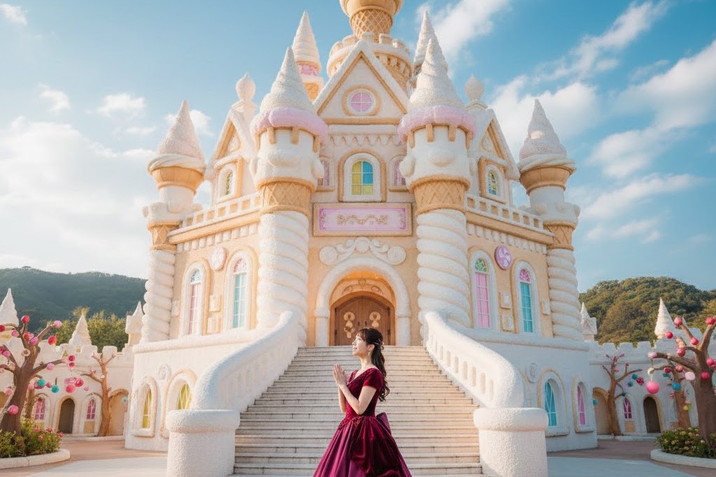 愛知県犬山市にある白いお菓子の城を背景に、ワインレッドのドレスを着た日本人女性が祈るようなポーズで立っている。