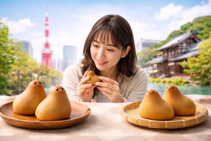 ひよこお菓子を手に取って眺める日本人女性と、東京福岡の違いを連想させる背景