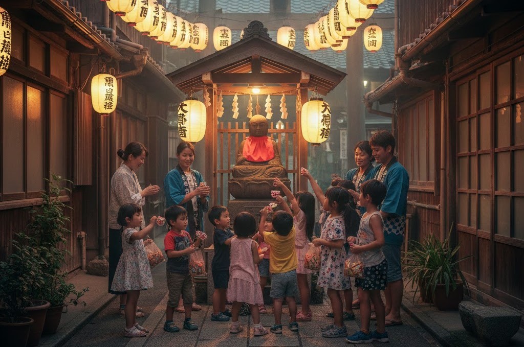 夕暮れの参道で、提灯が灯るお地蔵さまの前に集まり、地蔵盆を楽しむ子どもたちと見守る大人たちの様子