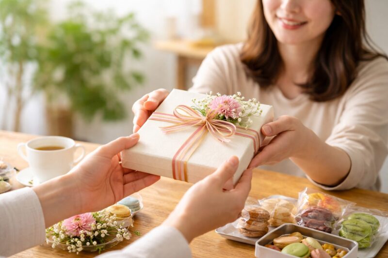 心ばかりですがのお菓子を丁寧に手渡す日本人女性の様子