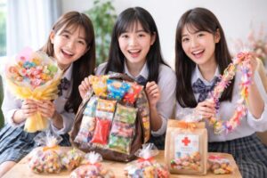 高校生の女子生徒が面白いお菓子ラッピングとしてお菓子リュックやブーケ、キャンディレイを笑顔で持っている様子
