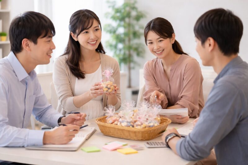 産休のお菓子をひとりひとりに配る準備を職場の同僚と相談している日本人女性