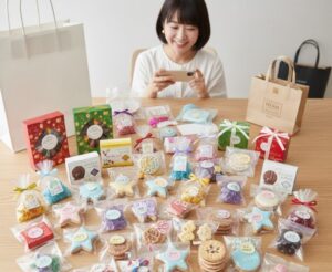 ソンムルのお菓子おすすめ向けに、個包装のお菓子を並べてスマホで撮影する女性
