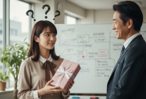 退職の挨拶で店長にお菓子を渡すか悩んでいる女子大学生のイメージ