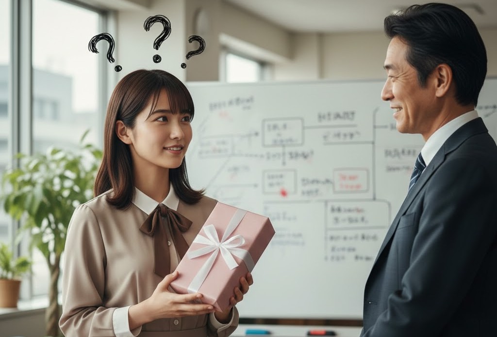 退職の挨拶で店長にお菓子を渡すか悩んでいる女子大学生のイメージ