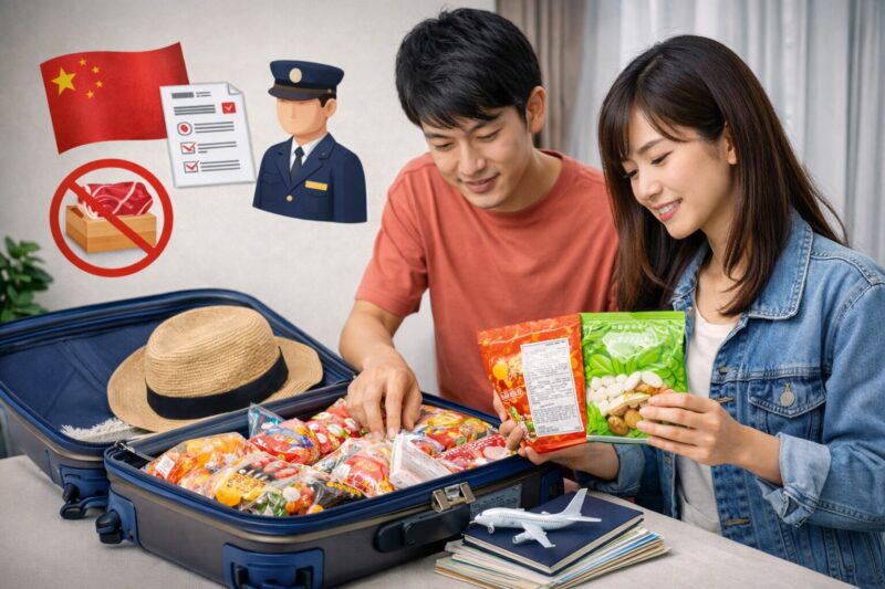 中国旅行に向けてスーツケースにお菓子を準備する日本人カップル