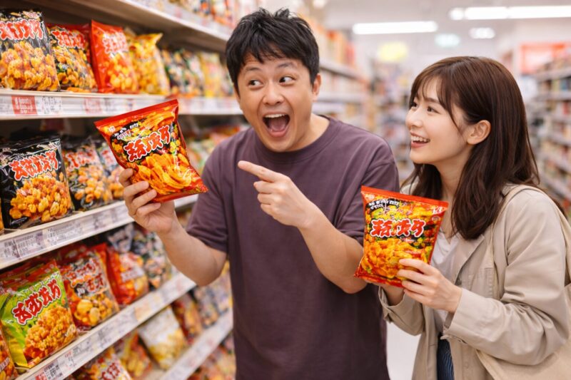スーパーの売り場でヒーハー系のスナック菓子を探す日本人の男女