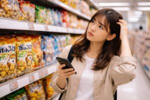 スーパーのお菓子売り場でぽんすけを探し、地域による販売状況に悩む日本人女性