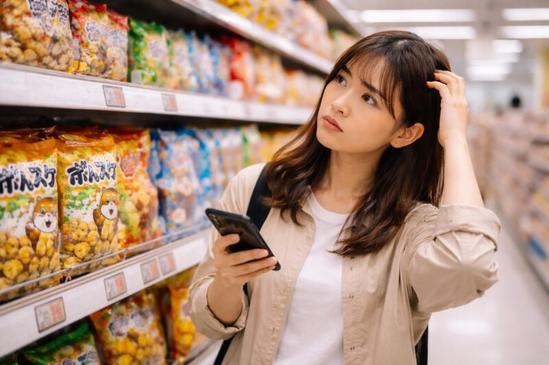 スーパーのお菓子売り場でぽんすけを探し、地域による販売状況に悩む日本人女性
