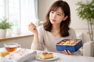 資生堂パーラーのお菓子を食べて味を確かめる日本人女性