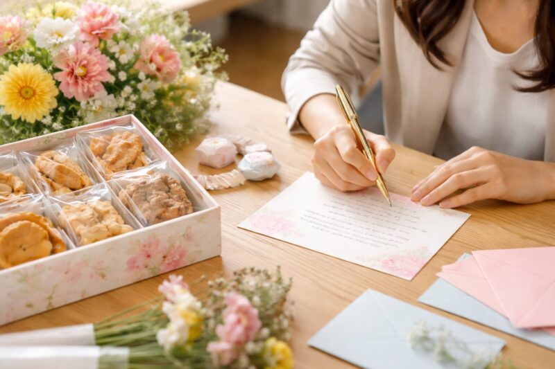 職のお菓子に添えるメッセージカードを日本人女性が書いている手元