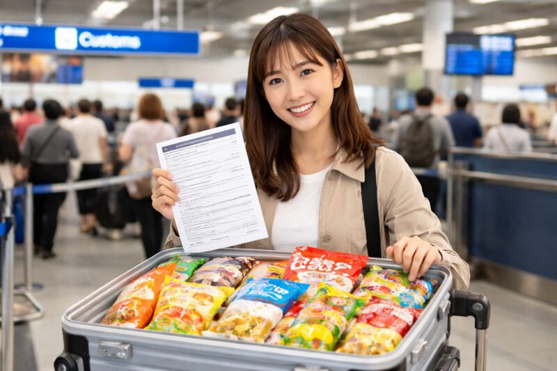 空港の税関エリアで、申告書を手に日本のお菓子が入ったスーツケースを開く日本人女性
