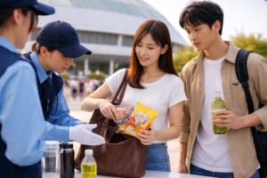 バンテリンドーム入場ゲートで警備員と会話する日本人来場者